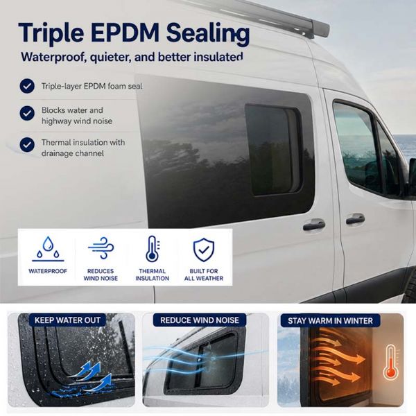 Fenêtre Coulissante pour Porte de Van Aménagé Sprinter en Gros avec Verre Trempé, Moustiquaire et Joint EPDM - 71C62A